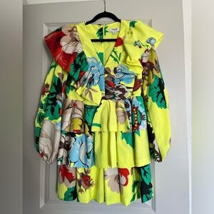 Christopher John Rogers Neon Yellow Floral Mini Dress